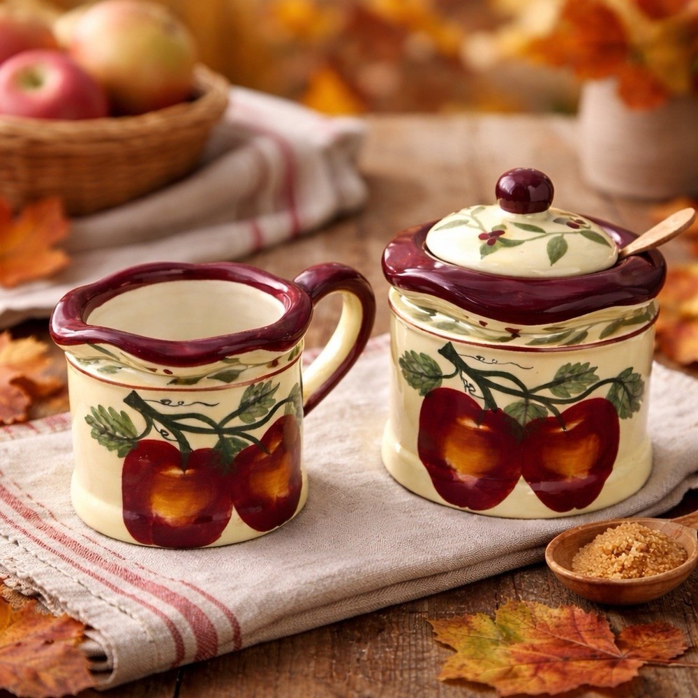 2-Pc‎ Apple Kitchen Set – Creamer & Jam/Sugar Bowl – Farmhouse Country Decor